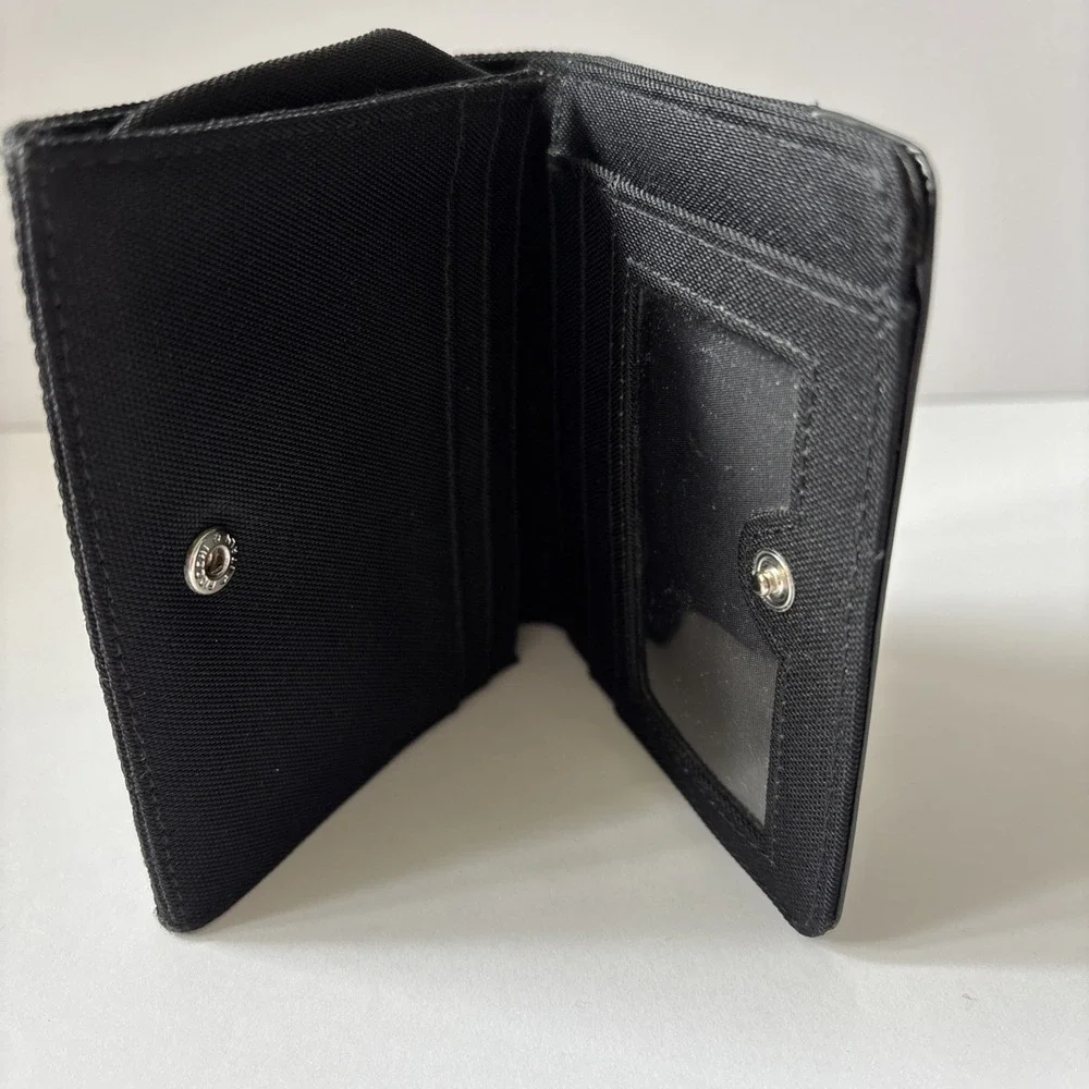 Lauren Ralph Lauren Bifold Wallet Black Canvas Gloss Faux Leather‎ 6 Pocket